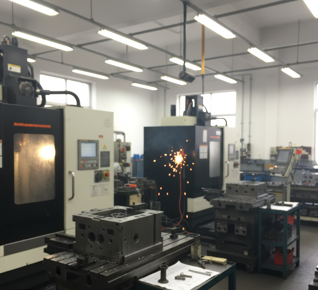 A complex CNC machine carving a steel mold